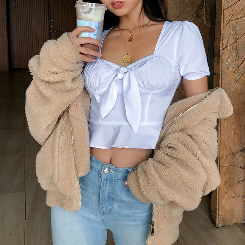 Женские повседневные Элегантные белые футболки с коротким рукавом и квадратным