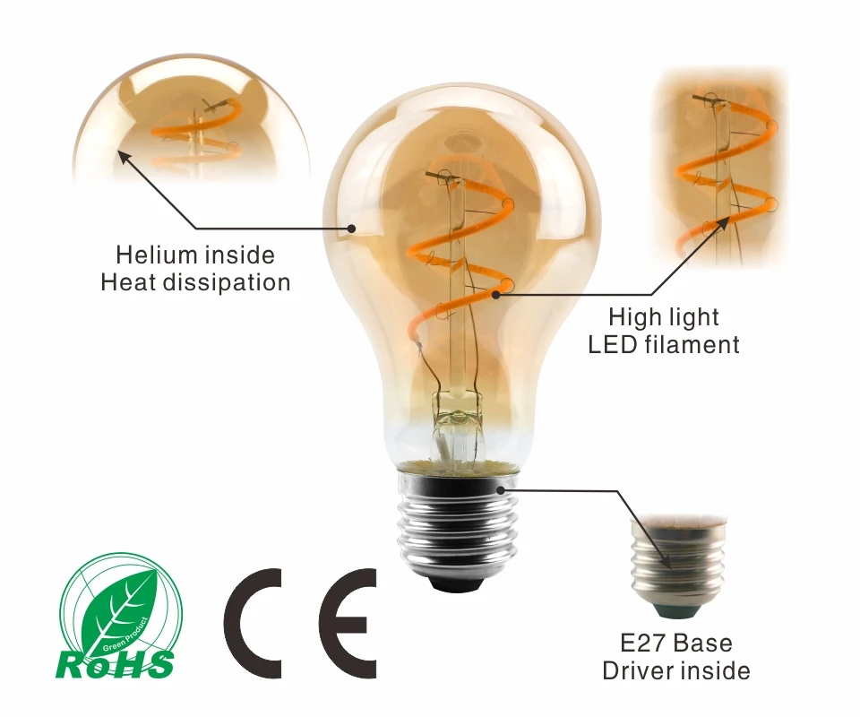 T45 ST64 G80 G95 G125 T225 Spiral Light LED Filament Bulb 4W 2200K Retro Vintage Lamps Decorative Lighting Dimmable Edison Lamp