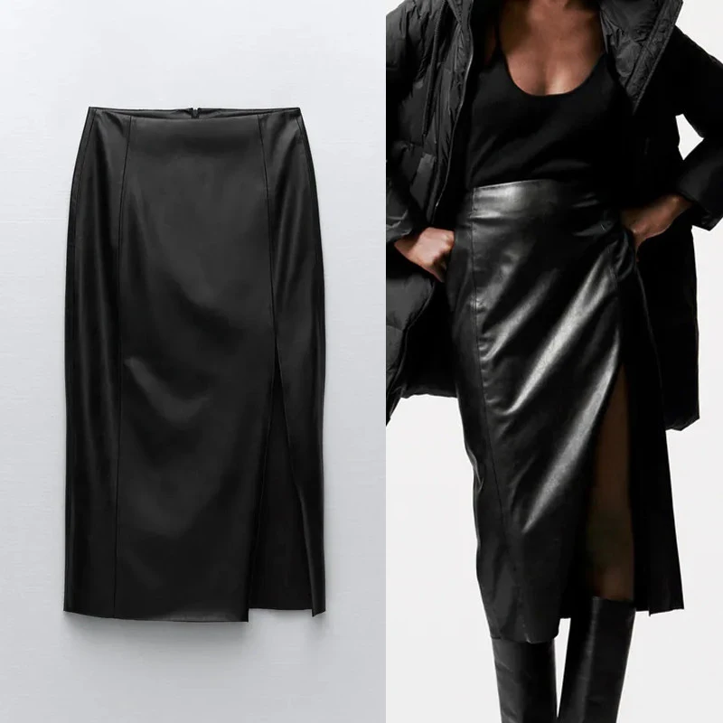 

Za Faux Leather Pencil Skirt Women Black Long Skirts Woman High Waist Midi Slit Skirt Autumn Vintage Split Elegant Skirts