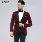 Лори Красный смокинг Для мужчин GroomSuits для свадьбы Женихи Для мужчин Блейзер 2 шт. бархатный пиджак Slim Fit Terno официальная вечеринка костюмы