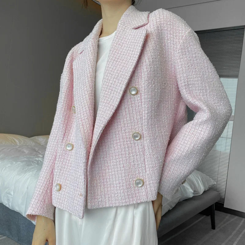 

Pink Tweed Blazer Coats and Jackets Women 2021 Autumn Winter Tweed Jacket Office Lady Double Breasted Loose Suit Coat Outfits