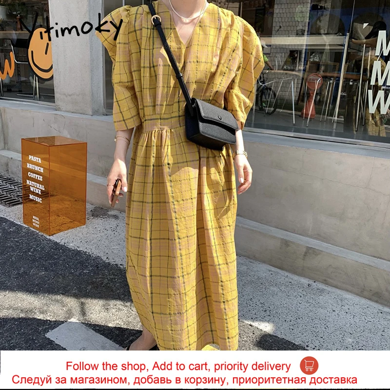 

Yitimoky Vintage Women Dress V-Neck Puff Sleeve 2021 Summer Fashion High Waist Contrase Color Plaid Loose Casual Long Dresses