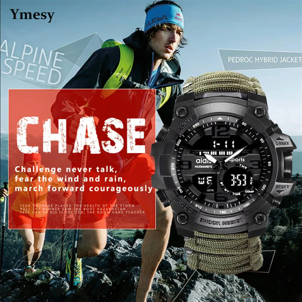 

Ymesy Outdoor Mountaineering Military Watch with Compass Men Waterproof Whistel Stopwatch Alarm Clock Sport Digital Wrist Watch
