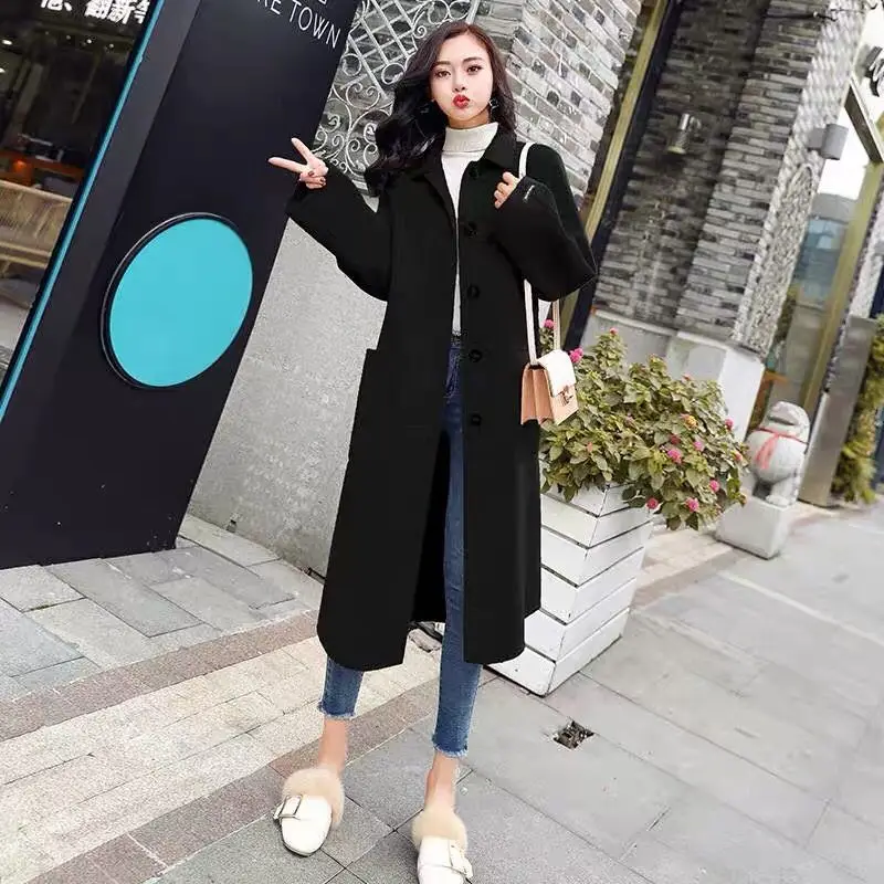 

Solid color woolen coat female long section Korean version 2019 new autumn and winter popular over the knee woolen coat