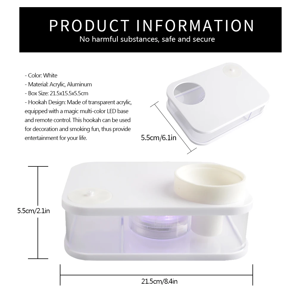 

Modern Acrylic Hookah Complete Kit Portable Shisha Nargile Smoking Water Pipe with Remote Control LED Light Box(White Black)