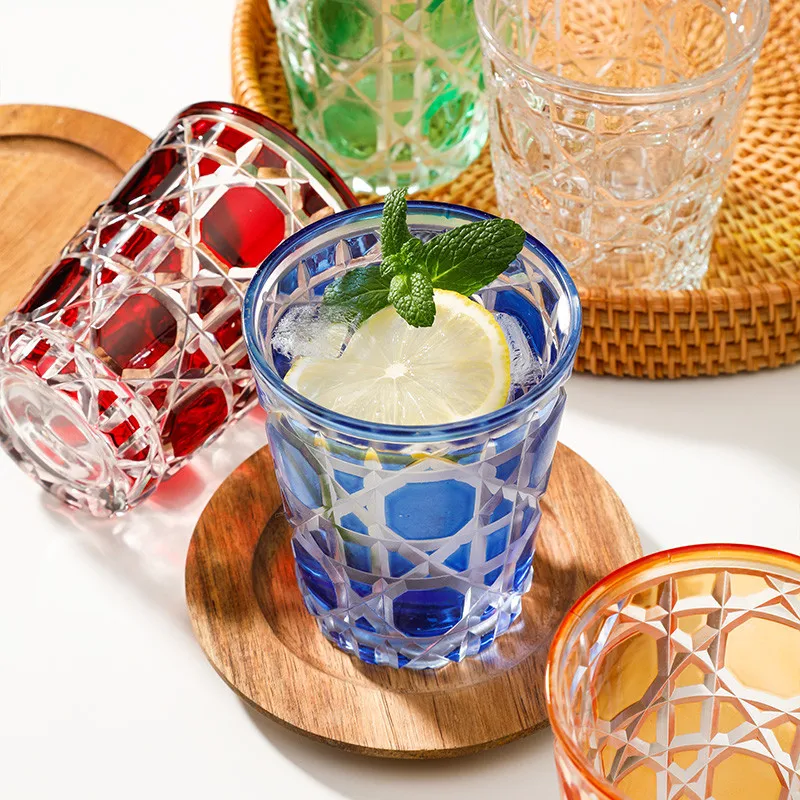 Tazas de té de vidrio tallado para Whisky, vaso de leche, zumo de fruta, agua, regalos de boda para cumpleaños, rojo/azul/verde, 300ML