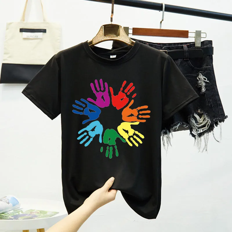 

Print Multicolored Palm Oversized T Shirt Women Short Sleeve 8 Colors Funny Tee Shirt Femme Black White Harajuku Shirts Women