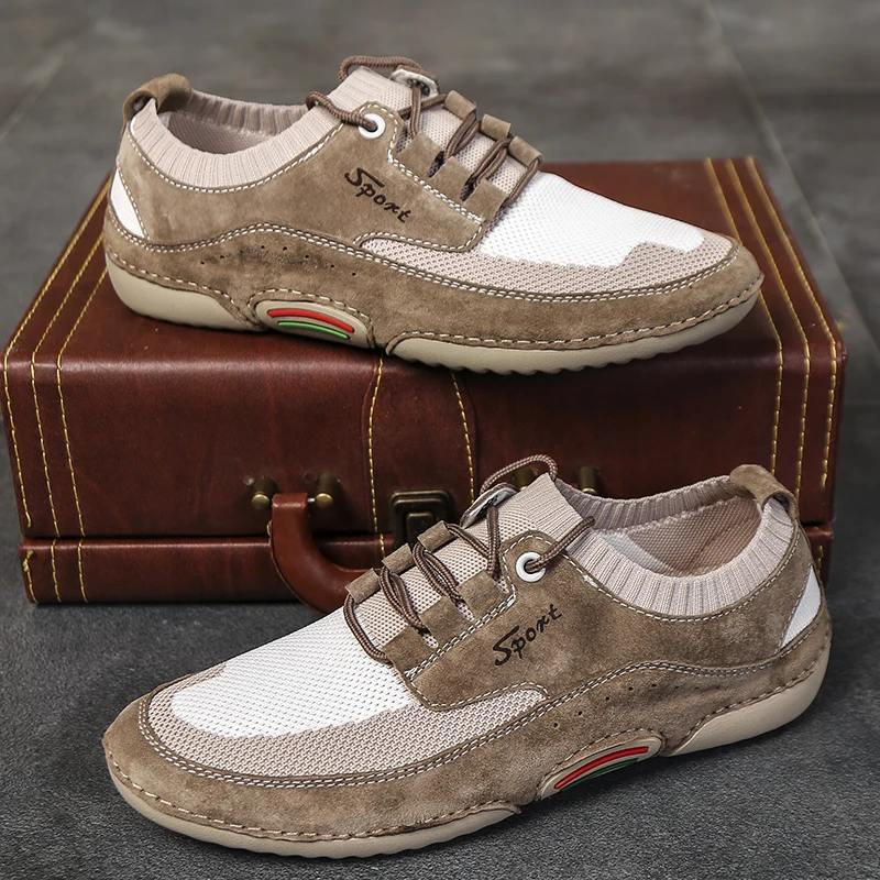

NBD Knit Breathable Men Mocasines Lightweight Soft Male Comfy Driving Sneakers Lace-up Beige Khaki Men Flats Summer Loafers