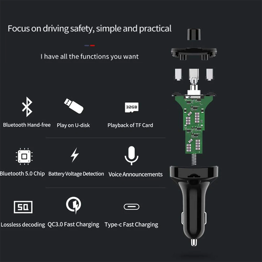 Fm-передатчик MP3 Bluetooth 5,0 Автомобильный плеер двойной USB QC3.0 тип-c Handsfree держатель телефона автомобильный модулятор fm-радио адаптер зарядное устройство