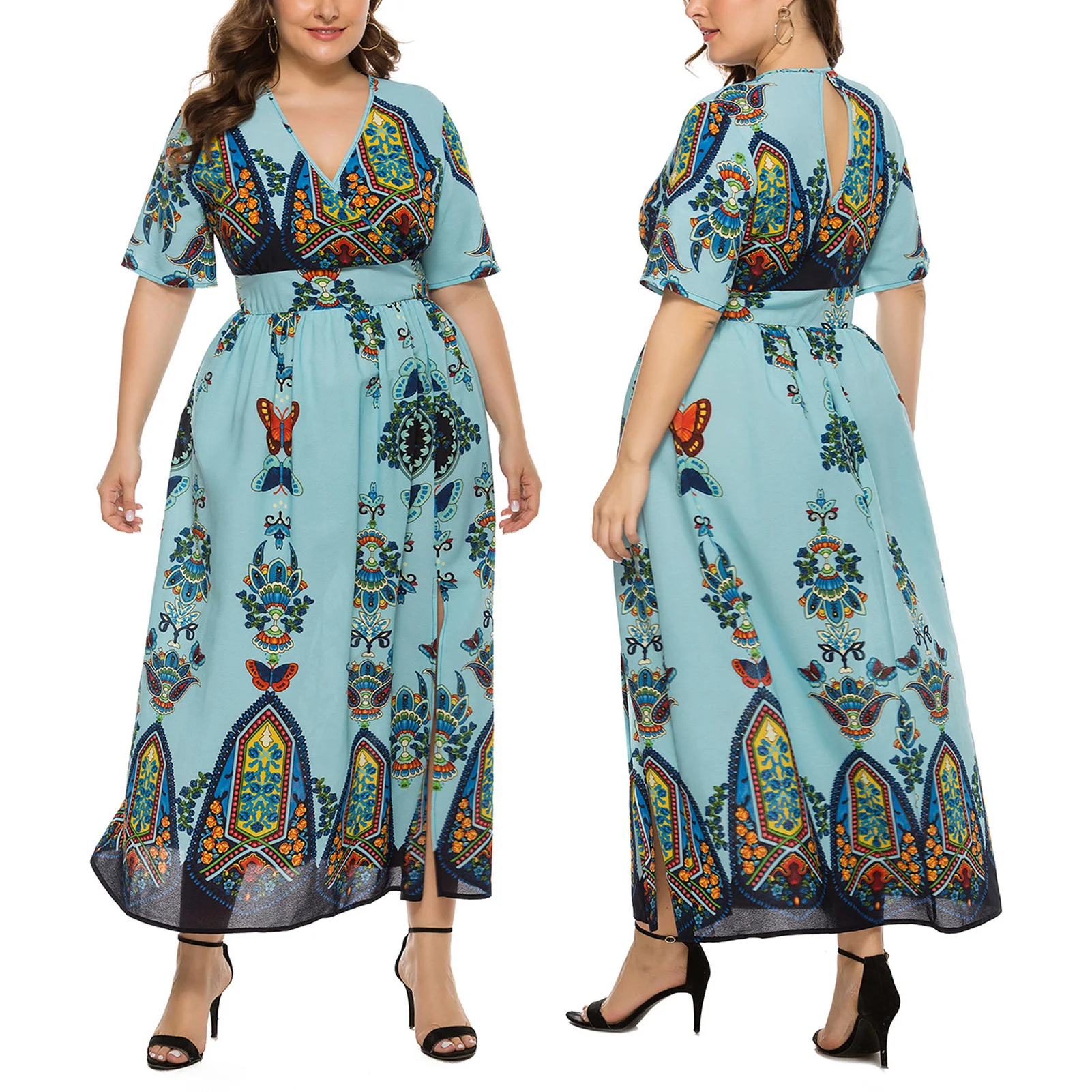 

Women's Plus Size National Maxi Dresses Summer V-Neck Floral Printed Dress Hollow Back XL-5XL LXH