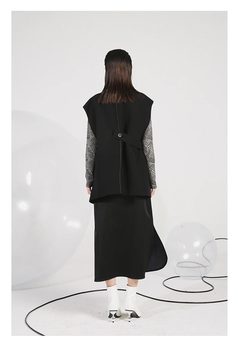 [EAM] Свободная Черная куртка из двух частей с разрезом на пуговицах, Новое Женское пальто с отворотом и длинным рукавом, модное осенне-зимнее пальто 1H502