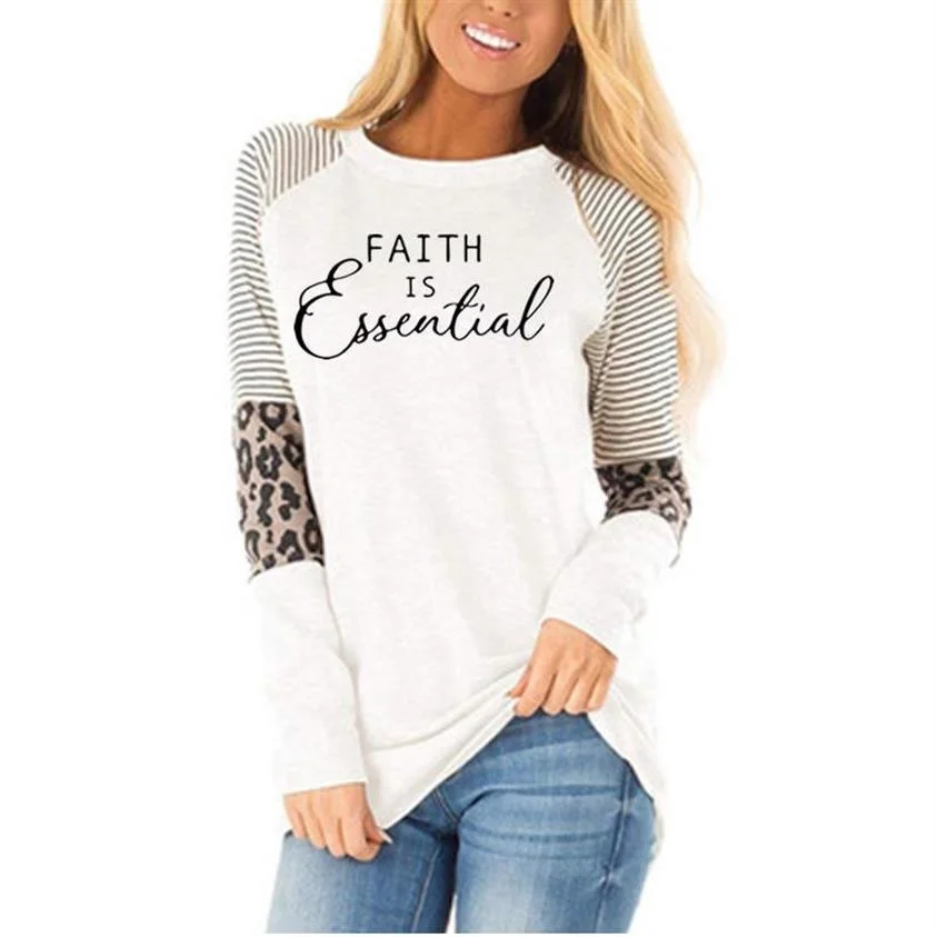 

New Arrival T-Shirt For Women Leopard Faith Print Neck Long Sleeve T-Shirt Leopard Print Raglan Long Sleeves Tops
