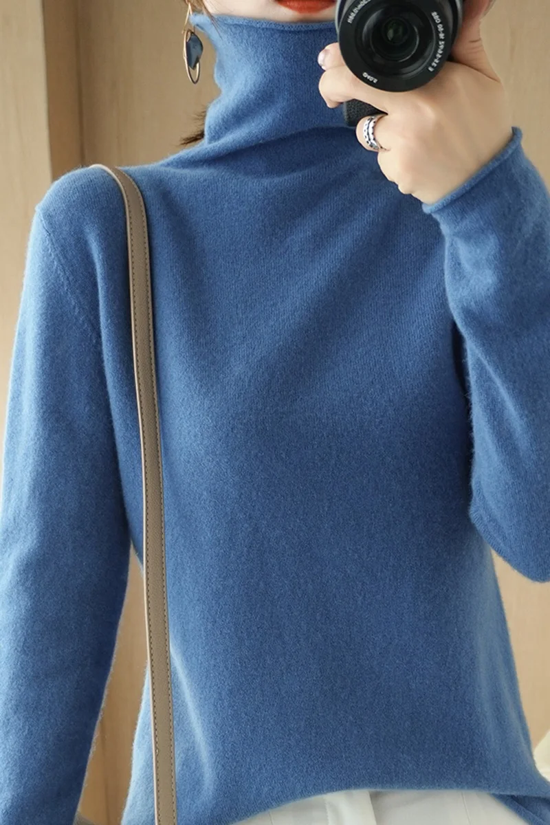 

100%Wool Knitting Turtleneck Tops Pullovers Casual Sweaters Womens Long Sleeve All-match Elastic Ladies Sweater