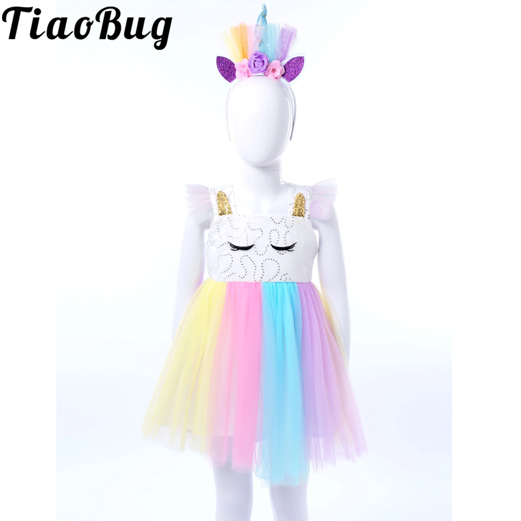 

2Pcs Kids Girls Cosplay Outfit Tutu Dress Sleeveless Sequins Top Cat Ears Hair Hoop Headwear with Flower Halloween Costume