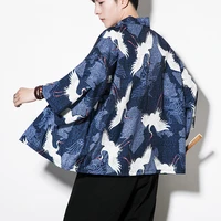 mens crane pattern kimono robe jackets japanese cardigan retro coats traditional clothing streatwear tang suit hanfu men
