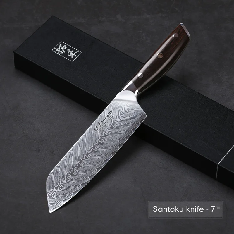 Santoku Knife TURWHO 8,2 дюймовый нож шеф-повара, японский дамасский стальной кухонный нож, профессиональный нож из нержавеющей стали, нож для нарезки мяса, ручка из черного дерева - Цвет: Santoku Knife