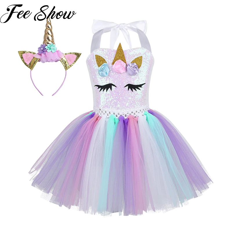 

Детские платья для девочек, с воротником-хомутом и 3D цветами, блестками, платье с пачкой из сетки, с обручем для волос, костюм для Хэллоуина, к...