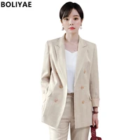 boliyae work pant suits interview 2 piece set for women business suit check plaid jacket blazer pants office lady suit formal ol