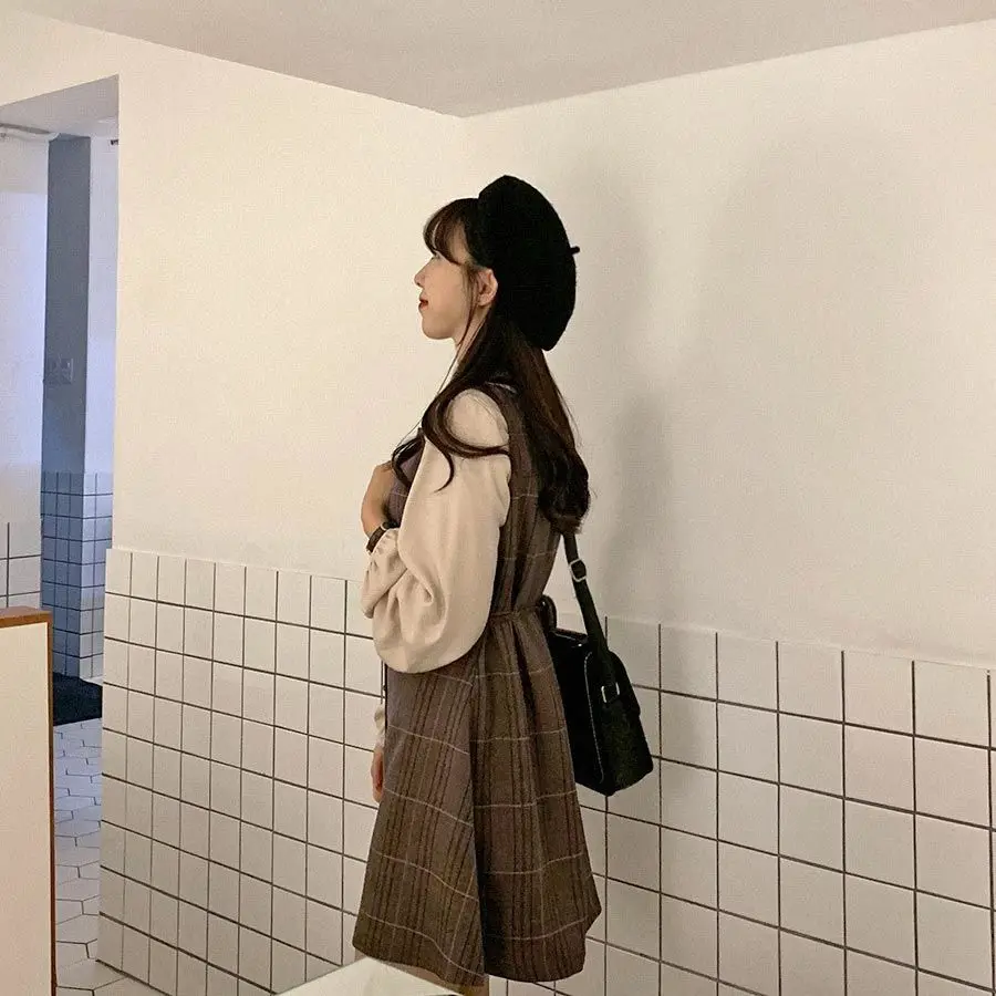 

Korean Chic Sweet Kawai Casual Long Sleeve Blouse + Plaid Pinafore Dress Cute Mini Japanese Style Design Vintage Retro Dress