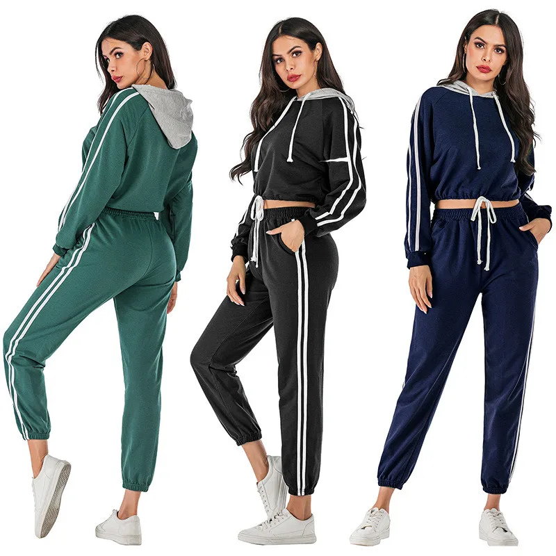 

Hooded Tracksuit 2 Piece Set Spring Autumn Clothes Side Striped Pullover Crop Top And Pants Casual Sportswear Suit Jogging Femme