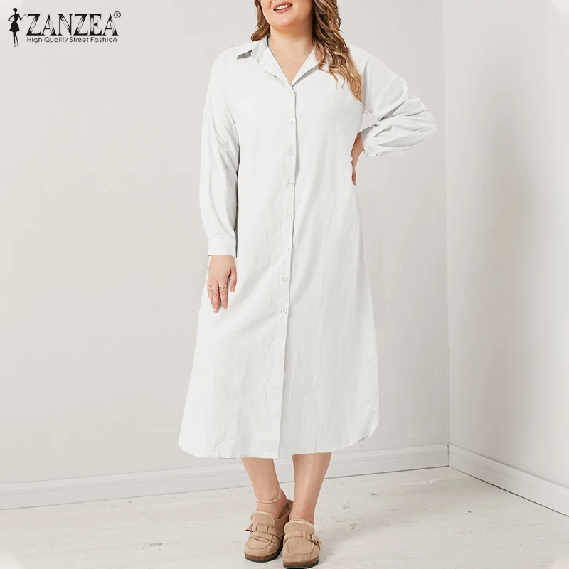 

Plus Size ZANZEA Women Lapel Neck Long Shirt Dress Autumn Elegant Long Sleeve Solid Sundress Casual Loose Work OL Vestido Kaftan