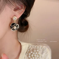 925 silver needle pearl diamond dripping camellia flower earrings french retro high sense versatile earrings atmospheric earring