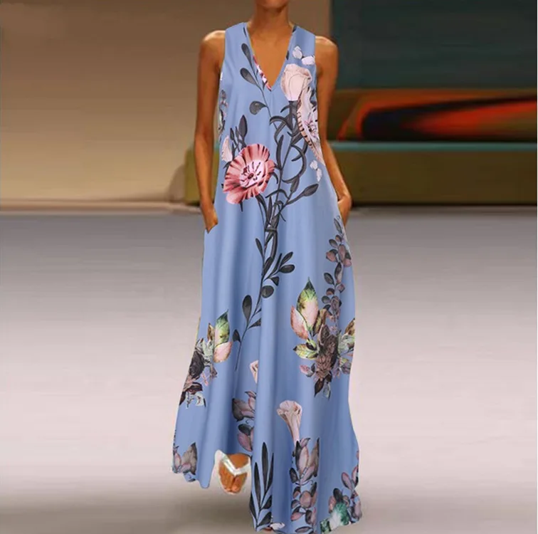 

Deep V-neck sleeveless print A-Pocket dress