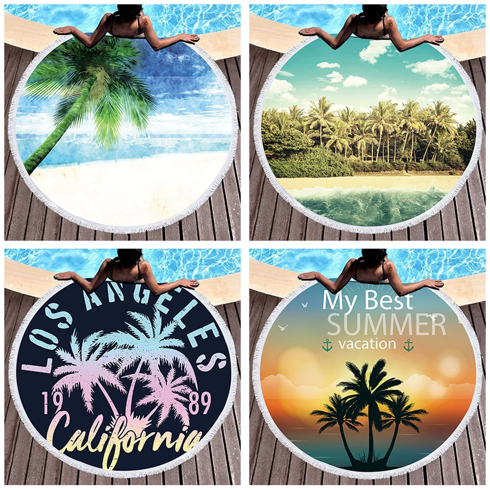 

Summer Boho Style Towel Beach Landscape 420G Mandala Big Terry Towels 150Cm Tree Sea Woman Scenic Vacation Round Beach Towel