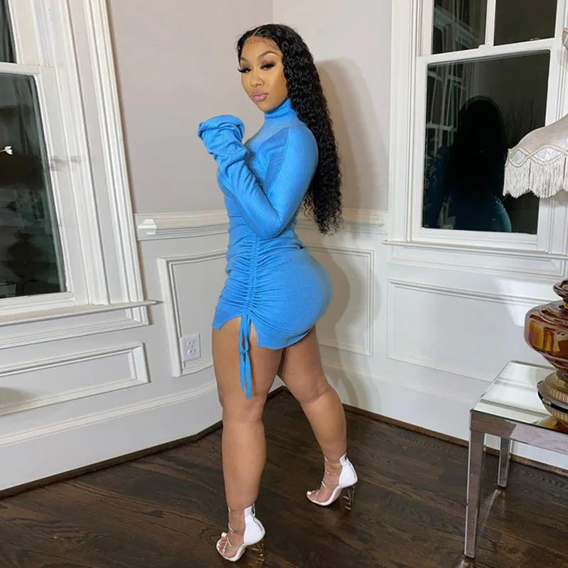 

Pleated open long-sleeved drawstring dress female autumn and winter temperament commuting sexy tight-fitting breasts