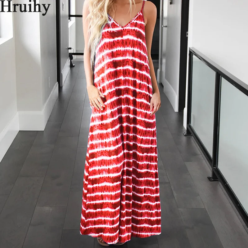 

Sling Dress Sexy V Neck Ankle-Length Sleeveless Backless Summer Dress Casual Loose Striped Printing Summer Clothes for Women