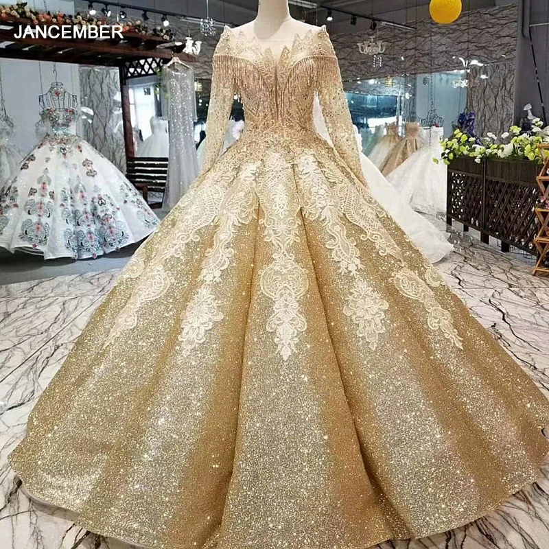 

LS30554 блестящий золотой кривой формы вечернее платье специальный о-образным вырезом длинный тюль рукав этаж длина бальное платье bling вечерне...