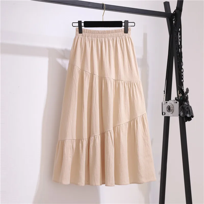 

Summer Cotton Linen Ruffle Skirt Female Leisure Korean Style Solid A-Line School Skirt Fashion High Waist Retro Skirts for Women