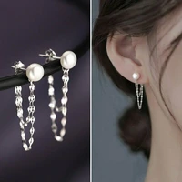 simple silver color dangle earrings for women tassel chain double pearl pendant stud earring womens wedding jewelry gift