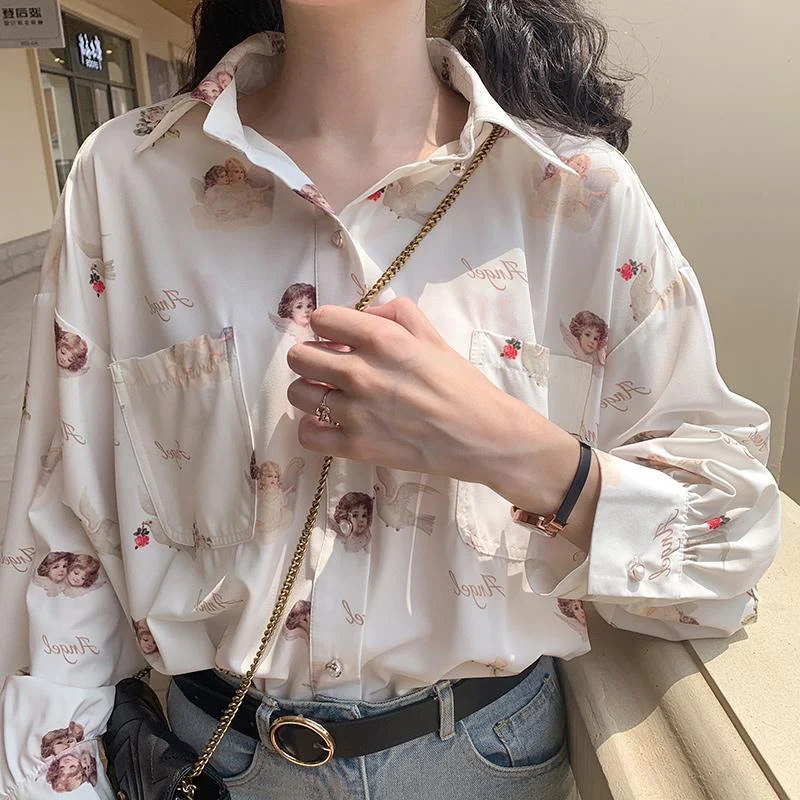 

Houthion Printing Chiffon Shirt Women's Blouses Long Sleeve Top Casual Retro Blouse Tops Spring Summer Fashion
