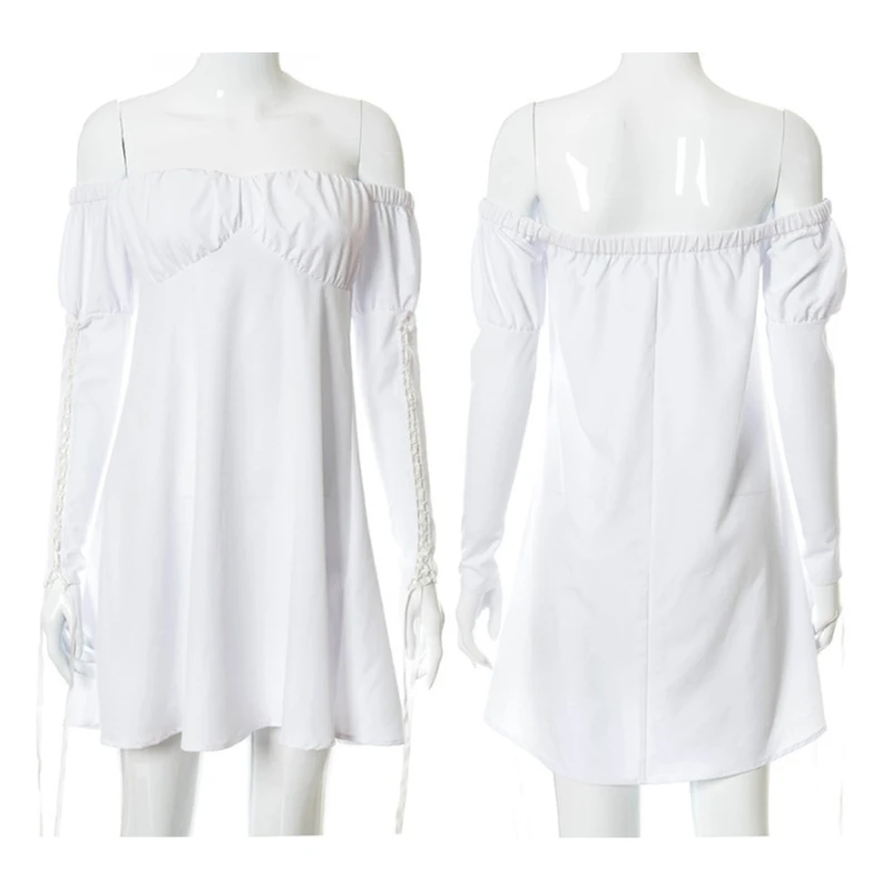 

67JF Women Summer Criss Cross Lace-Up Puff Long Sleeve White Midi Long Dress Ruched Chest Sexy Off The Shoulder Pleated A-Line