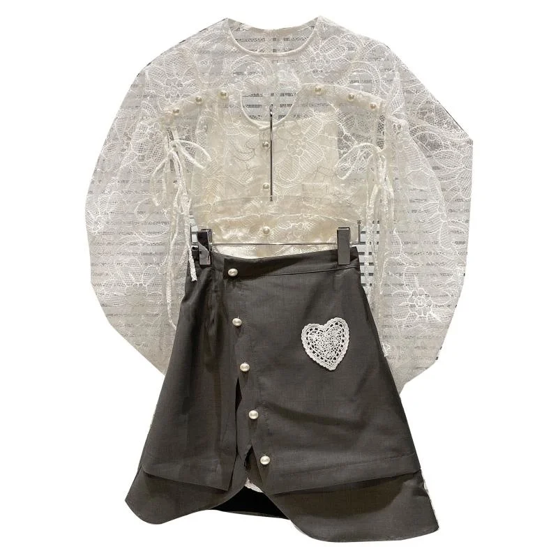 

Lace Crochet Shirt + Love Slant Button Skirt 2021 Summer New Style Two Piece Set