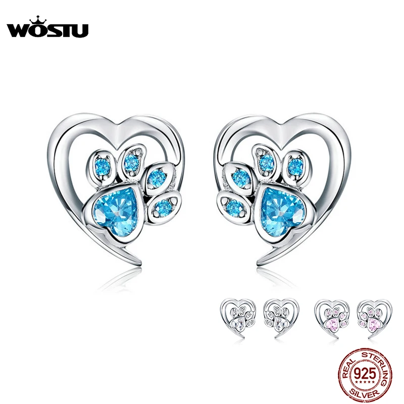 WOSTU Dog Paw Foot Heart серьги из 100% стерлингового серебра 925 пробы с синим цирконием для