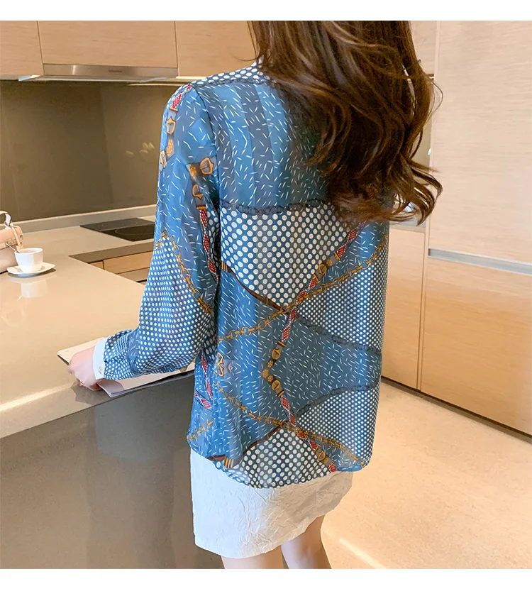 

Houthion New Chiffon Women's Blouses Fashion Shirt Long Sleeve Top Loose Printed Blouse Summer Breasted Regular Full