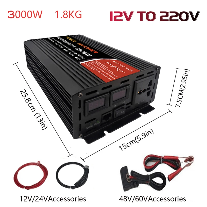 

JUXING 3000W Car Power Inverter 12V To 220V Converter With AC Oultet and Display Pure Sine Wave Use for Vehicle Home, Outdoor