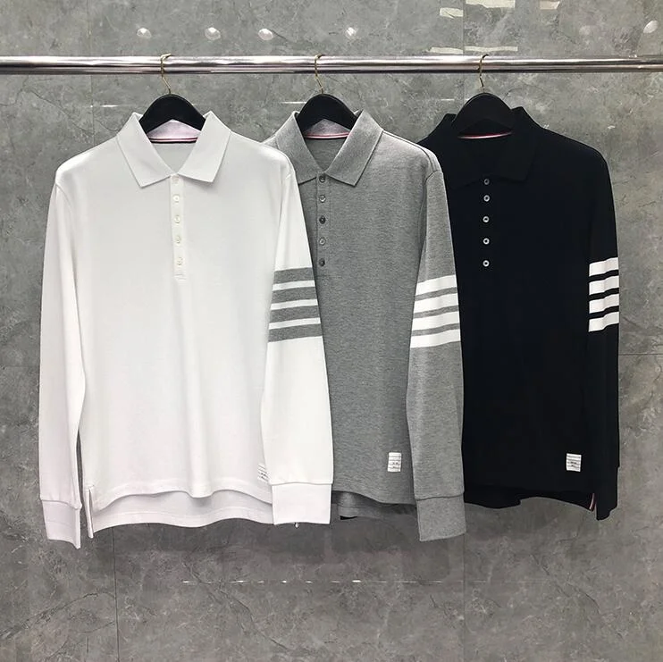 2023 TB Fashion THOM Brand Polo Shirts Men Casual Loose Striped Cotton Solid Polo Spring Autumn Long Sleeve Polo Clothing