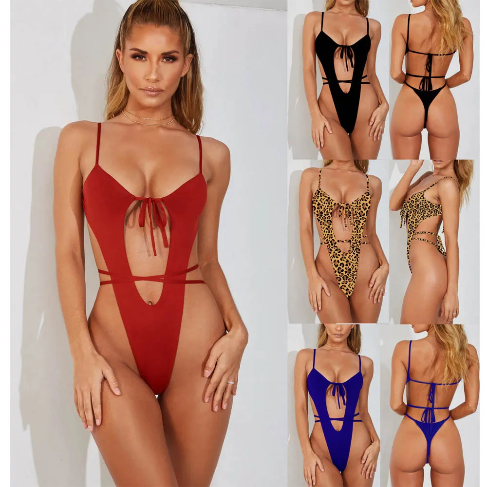 Высокий вырез 2019 сексуальный женский цельный купальник Чистый цвет стринги