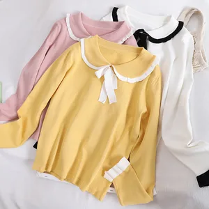 Осень-зима, Женский вязаный пуловер, милый кукольный воротник, галстук-бабочка, свитер, женский джемпер с длинным рукавом, вязаная одежда, Короткие топы, AB1982