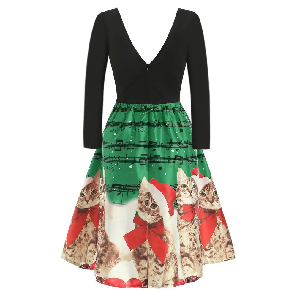 2019 Women Cats Musical Notes Print Christmas Dress V Neck A Line Long Sleeve Vintage Party Vestidos De Fiesta Noche Mujer | Женская