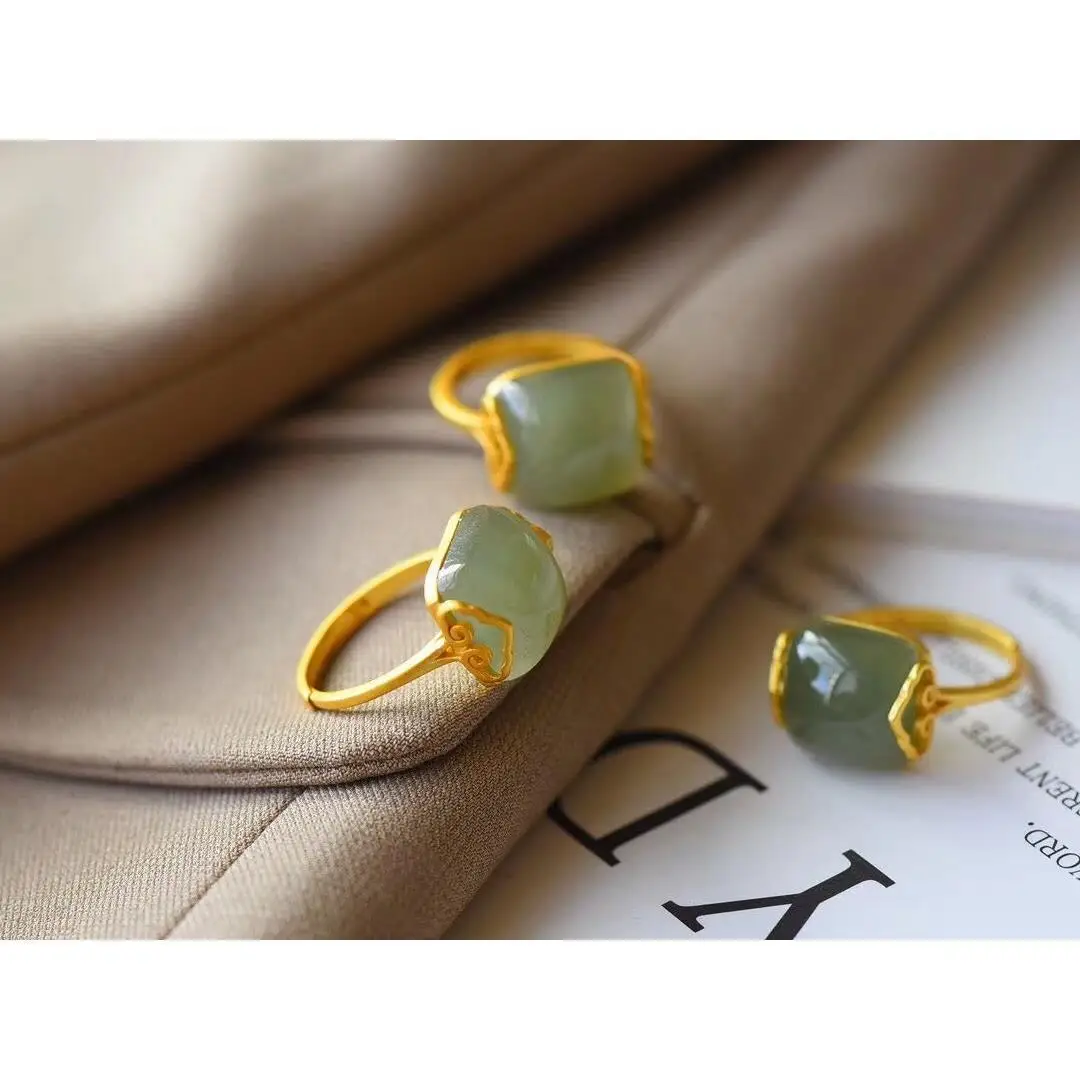 

Natural Hetian Jade Gray Jade Square Ring S925 Sterling Silver Gilding Inlaid Women's Ring Hetian Jade Ring Gift