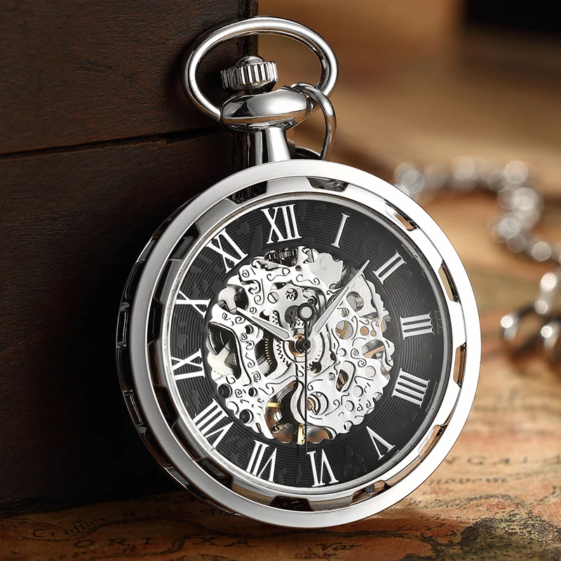 Old Mechanical Pocket Watch with Roman Numerals Number Skeleton Dial Fob China Clock with Gift Box for Men Gifts Dropshipping