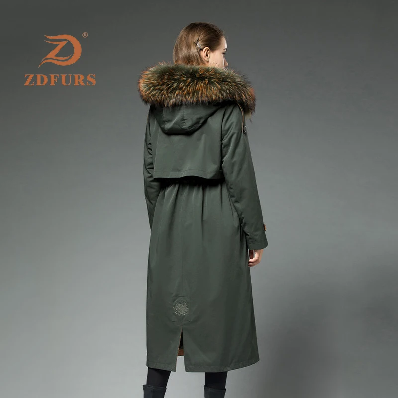 ZDFURS* Женская парка из меха кролика рекс с мехом енота с капюшоном зимний помпон из натурального меха длинная стильная ветрозащитная модная куртка