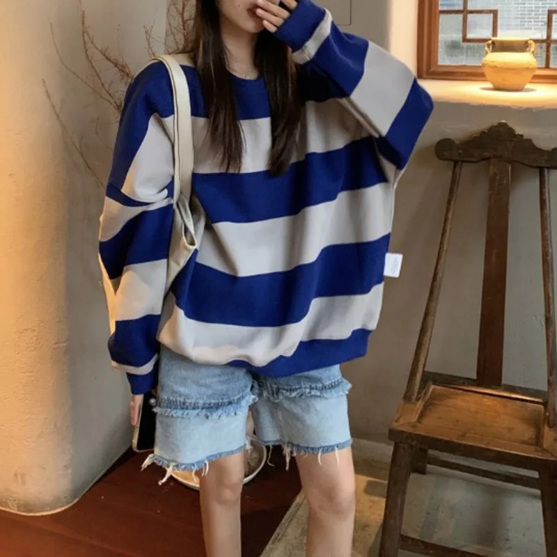 

Medium Length Contrast Striped Pullover Women's Autumn and Winter Thickened Versatile Loose Casual Long Sleeved Top