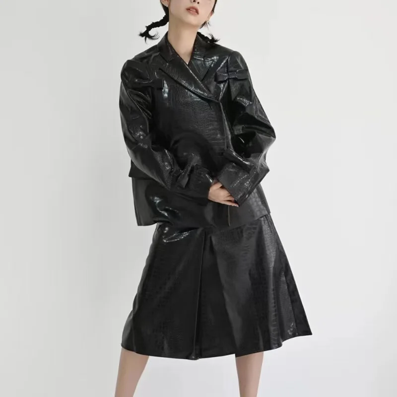 

Fashion Women's Crocodile Pattern Pu Leather Jackets Female Bow Stitching Glossy Fashion Pu Leather Jackets