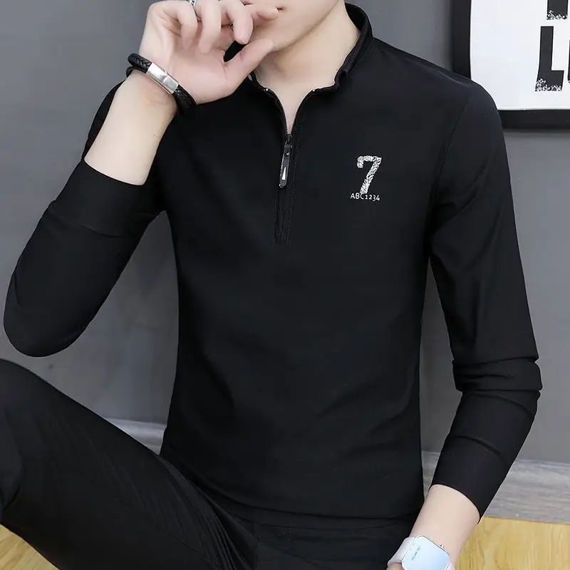 

Autumn men's Lapel long sleeve T-shirt with zipper cotton thin top men's handsome. Mature polo shirt