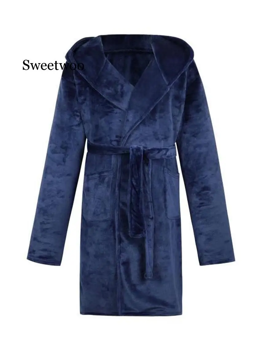 Men Autumn Winter Long Thick Warm Corduroy Bathrobe Solid Towel Long Robe Sleepwear  4XL 5XL Men Kimono Hooded Robe